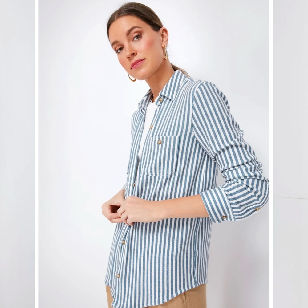Faherty Navy and White Striped Sweater Shirt